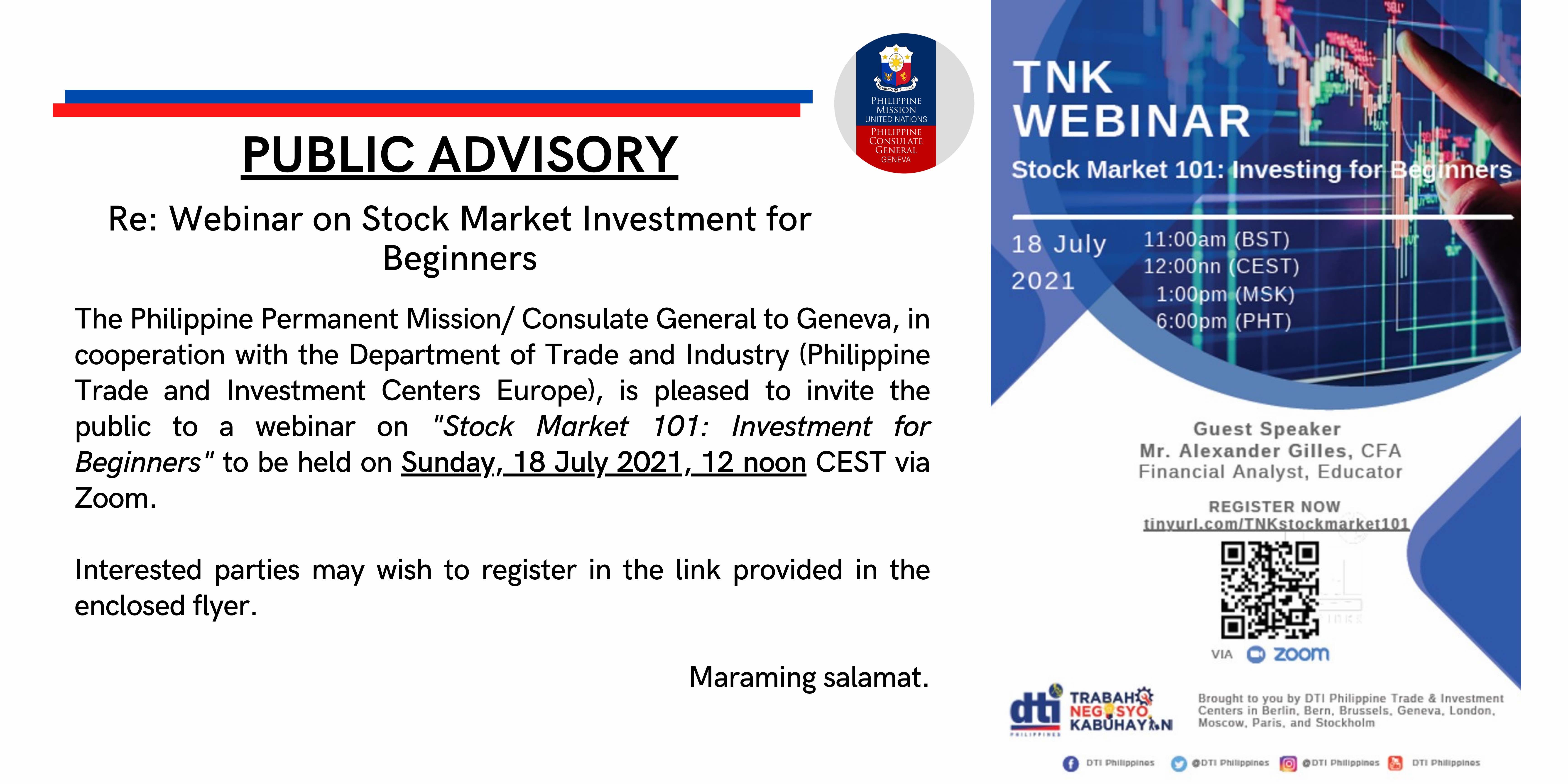 Public Advisory on Webinar on Stock Market Investment for Beginners