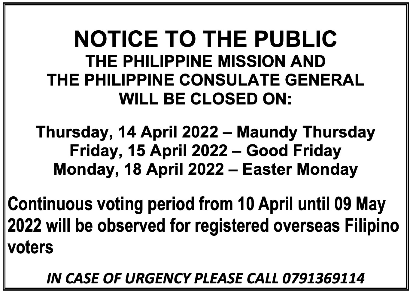 MNotice to the Public on Holy Week